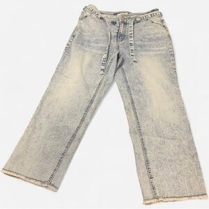 Woman’s Distressed High Rise, Cropped, Belted Acid Wash Blue Jeans